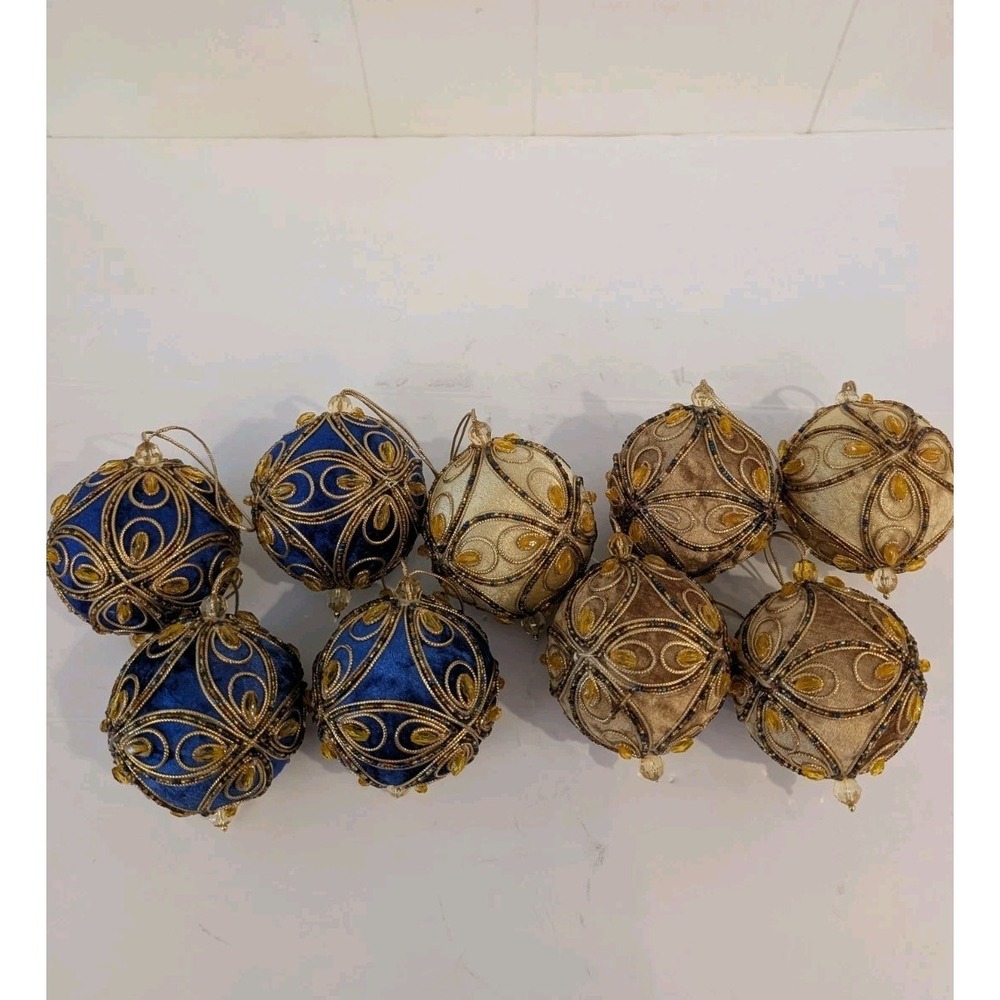 Lot 9 Blue Gold Velvet PUSH PIN Christmas Ornaments Beaded Trim MCM Vintage - Picture 4 of 16